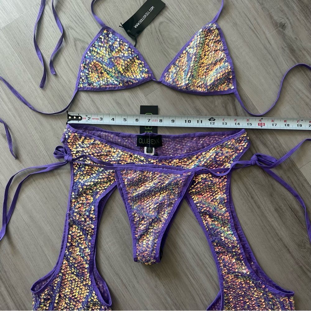 Club Exx x Dolls Kill sequin purple diva reef bikini with mega flare chaps XXL - Picture 10 of 12